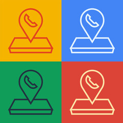 Poster - Pop art line Map pointer with telephone or communication icon isolated on color background. Call center location. Vector