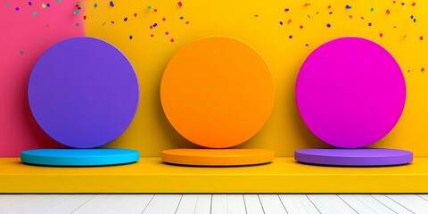 Poster - Three colorful round objects are placed on a white surface. The objects are of different colors and sizes, and they are arranged in a row. The scene has a playful and vibrant mood