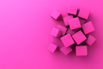 Poster - Pink cubes on a pink background. The pink cubes are arranged in a way that they look like they are falling apart. The image has a playful and whimsical mood, as if it were a puzzle or a game