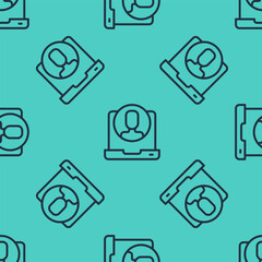 Poster - Black line Telephone 24 hours support icon isolated seamless pattern on green background. All-day customer support call-center. Full time call services. Vector
