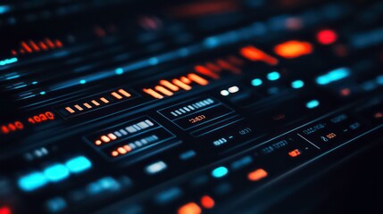Fototapete - Close-up of a futuristic digital interface with glowing orange and blue elements, displaying various data and controls.