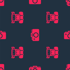 Poster - Set Hiking backpack and Photo camera on seamless pattern. Vector