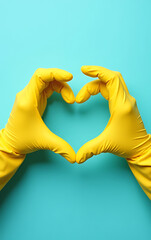 Aufkleber - Hands in yellow rubber gloves form a heart shape on a pale blue background, filling a clean and minimalist composition._00001_