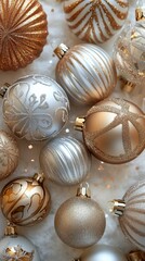 Poster - Elegant golden and silver Christmas ornaments arranged on a soft white surface for holiday decor