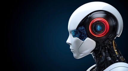 Poster - robot with a red eye and blue face. the robot is looking at the camera. the robot is made of metal a