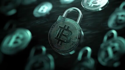 Poster - A digital lock icon surrounded by floating cryptocurrency coins, signifying encrypted transactions.