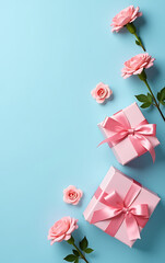 Aufkleber - Flat lay photo of gift boxes with pink ribbons and carnations against a soft pastel blue background featuring empty space for text or advertising._00001_