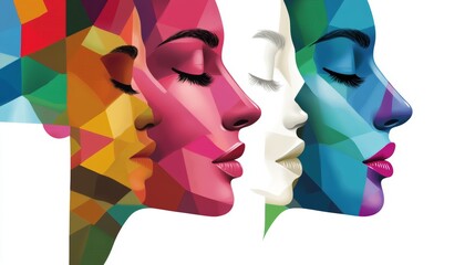 Fototapete - Two women embellished with vibrant geometric shapes, a captivating display of color and form in abstract art