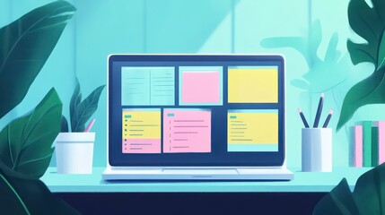 Poster - Laptop screen displaying colorful sticky notes with to-do lists, surrounded by plants and stationery on a desk.