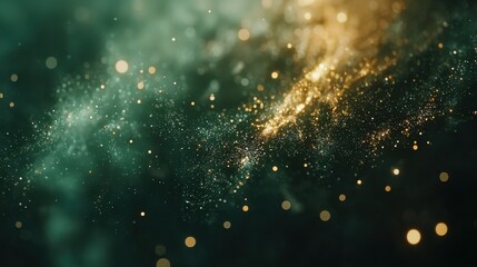Poster - Soft Emerald Green Background with Illuminated Golden Particles and Depth Effects