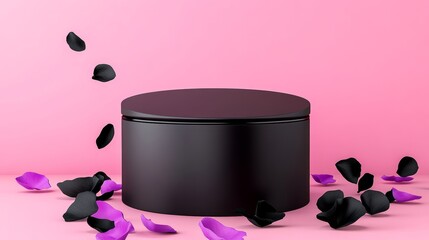 Poster - Black and purple flower arrangement is on a pink background. The arrangement is made up of black and purple flowers, with some of the flowers being black and purple