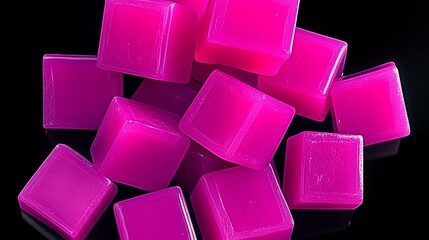 Poster - Pile of pink cubes on a black background. The cubes are all the same color and size, and they are arranged in a neat stack. The image has a simple and organized appearance
