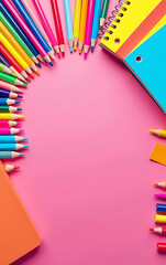 Aufkleber - Colorful school supplies including pencils, markers, notebooks, and art materials are displayed on a bright pink background._00001_