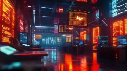 Poster - Futuristic server room interior with glowing screens displaying data and graphs.