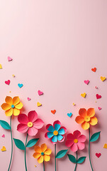 Poster - Colorful paper flowers and heart confetti create a beautiful scene with space for personal message on soft pastel background._00001_