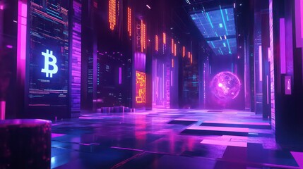 Aufkleber - A digital trading floor with cryptocurrency prices floating above an abstract, high-tech environment.