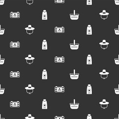 Poster - Set Picnic basket, Camping hat, Portable video game console and Sunscreen cream tube on seamless pattern. Vector
