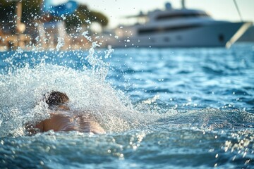 Poster - A person swimming in calm water with a boat visible in the distance, suitable for use as a calming visual element or to represent relaxation and leisure activities