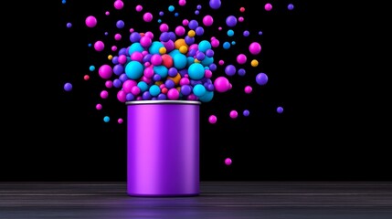 Poster - Purple container filled with colorful balls. Concept of playfulness and creativity, as the balls are scattered in various colors and sizes, creating a vibrant and dynamic scene