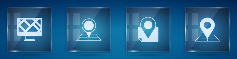 Poster - set monitor with map location, folded marker, and . square glass panels. vector