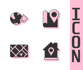 Poster - set location with house, the globe, gps device map and folded location marker icon. vector