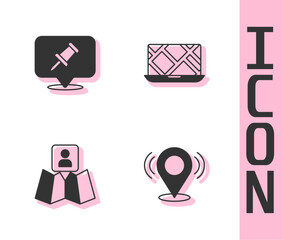 Poster - set map pin, push, folded map with location marker and city navigation icon. vector