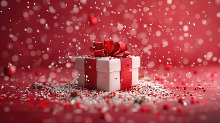 Fototapete - A small gift box wrapped in red and white paper, finished with a red ribbon bow