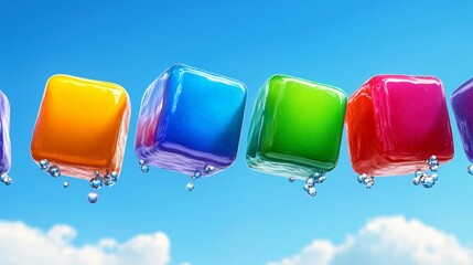 Poster - Row of colorful cubes are suspended in the air, with water droplets falling from them. The cubes are of different colors, including blue, green, yellow, and red