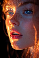 Poster - A close-up photo of a woman with distinctive freckles on her face