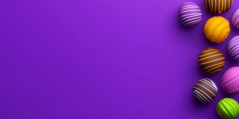 Poster - Purple background with a bunch of colorful chocolate balls on it. The balls are of different colors and sizes, and they are arranged in a way that creates a sense of depth and dimension