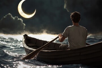 Poster - A person rows a small boat in the open ocean