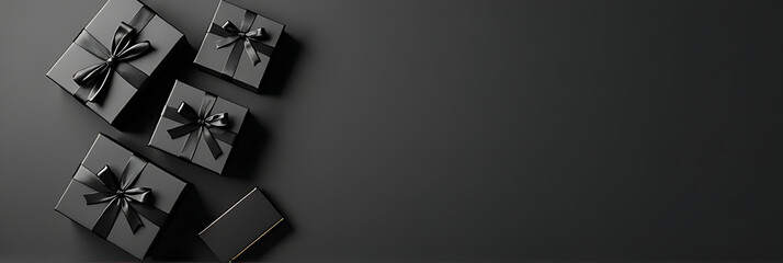 Aufkleber - Black gift boxes with ribbon bows and paper bags sit on a dark background with empty space for copy in the center._00001_