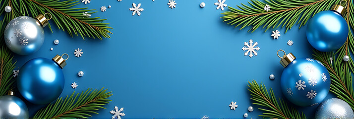 Poster - Blue and silver ornaments with snowflakes and evergreen branches adorn a blue background in this festive holiday decoration design._00001_