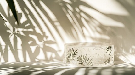 Poster - Transparent podium product mockup designed for natural organic cosmetics, adorned with shadows of tropical leaves on a white background illuminated by sunlight, creating a serene space for text.