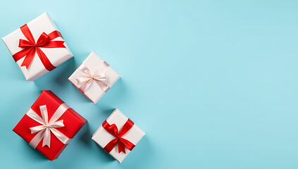 Poster - Beautifully wrapped Christmas presents sit atop a light blue background, adorned with red and white paper and festive ribbons._00001_