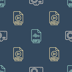 Aufkleber - Set line Photo camera, MOV file document and MP3 on seamless pattern. Vector