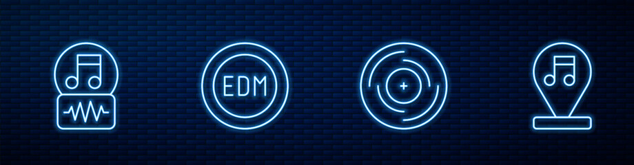 Poster - Set line Vinyl disk, Music note, tone, EDM electronic dance music and . Glowing neon icon on brick wall. Vector