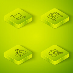 Poster - Set Isometric line Searching for food, First aid kit, Work search and Shopping cart icon. Vector
