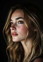 Wall Mural - a professional portrait with soft, glowing lighting highlighting the subject's face against a black 