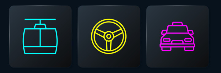 Poster - Set line Cable car, Taxi and Steering wheel. Black square button. Vector