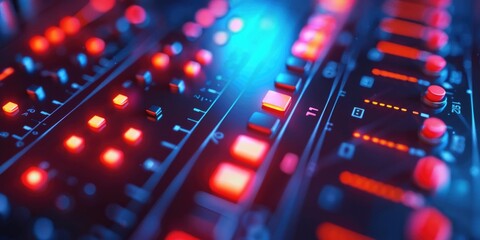 Poster - Close up view of a sound board with red and blue lights