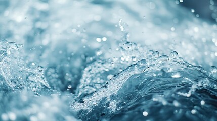 Wall Mural - Close-up image of clear water, highlighting abstract waves and aqua bubbles, creating a fluid blue scene with ample copy space for design. The water splashes create an engaging visual.