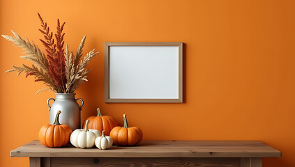 Aufkleber - Abundant harvest arrangement on rustic wooden table set against orange wall, featuring empty photo frame and space for display._00001_