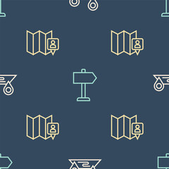 Poster - set line route location, folded map with marker and road traffic sign on seamless pattern. vector