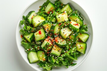 Poster - Fresh cucumbers and seasonings in a white bowl, ideal for salads or snacks