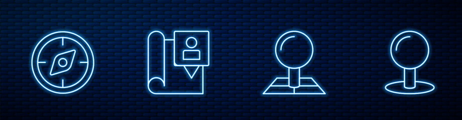 Poster - set line folded map with location marker, compass, and push pin. glowing neon icon on brick wall. ve