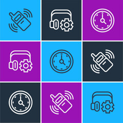Poster - Set line Mobile phone, Clock and Headphoneswith settings icon. Vector