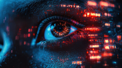 Poster - eye scan hologram concept. Biometric eye scan with glowing holographic effects and data visualization