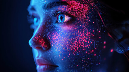 Poster - eye scan hologram concept. Biometric holographic eye scan with glowing security features