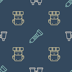Poster - Set line Binoculars, Hiking backpack and Flashlight on seamless pattern. Vector